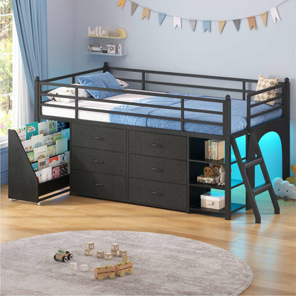Kids Twin Loft Bed with Pull-Out Rolling Bookshelf & LED Light Black