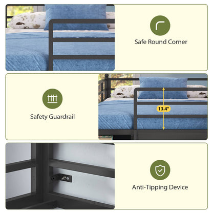 Kids Twin Loft Bed with Pull-Out Rolling Bookshelf & LED Light Black
