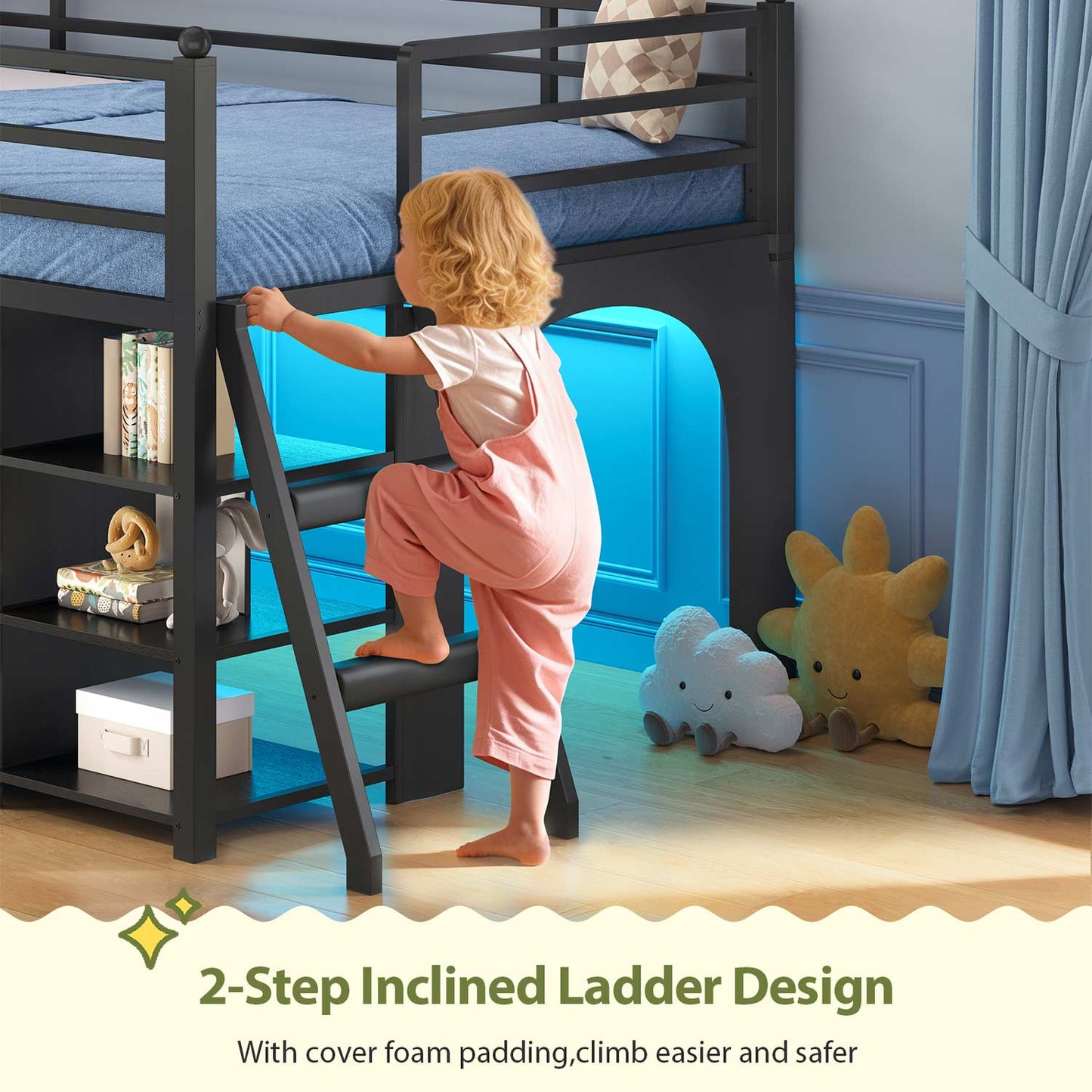 Kids Twin Loft Bed with Pull-Out Rolling Bookshelf & LED Light Black