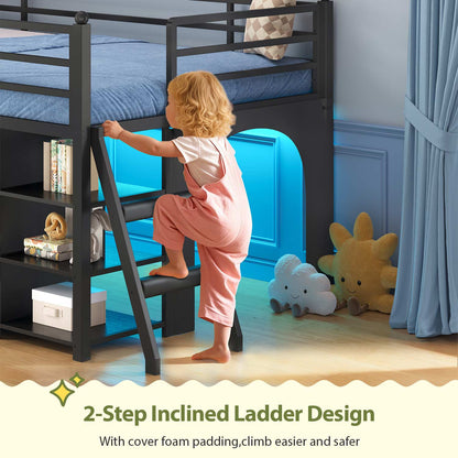 Kids Twin Loft Bed with Pull-Out Rolling Bookshelf & LED Light Black