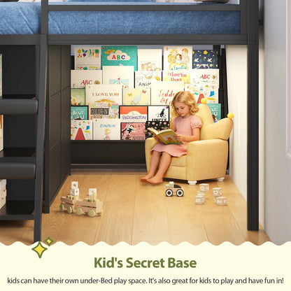 Kids Twin Loft Bed with Pull-Out Rolling Bookshelf & LED Light Black