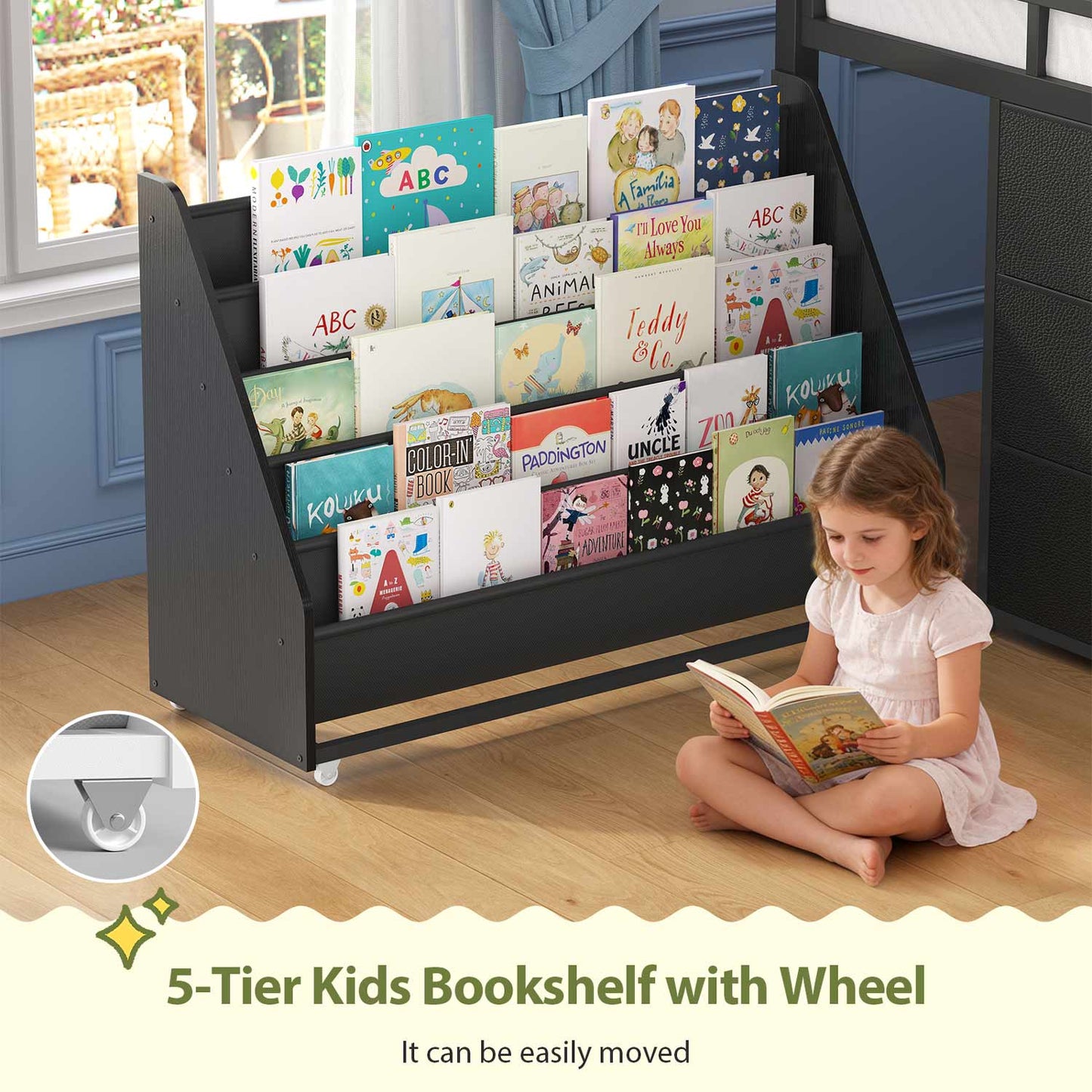 Kids Twin Loft Bed with Pull-Out Rolling Bookshelf & LED Light Black