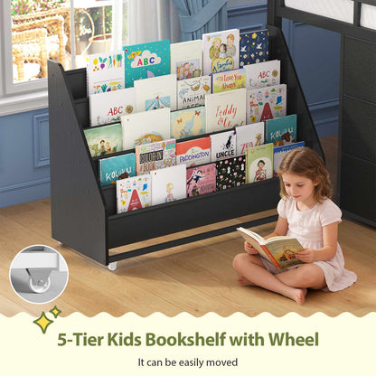 Kids Twin Loft Bed with Pull-Out Rolling Bookshelf & LED Light Black