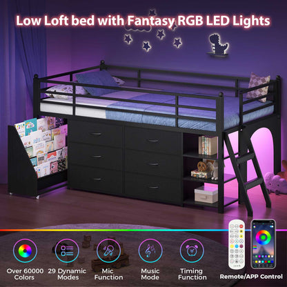 Kids Twin Loft Bed with Pull-Out Rolling Bookshelf & LED Light Black
