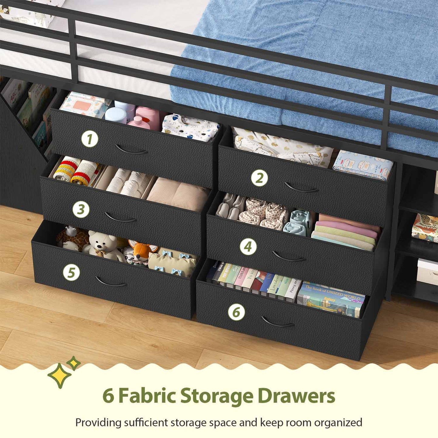Kids Twin Loft Bed with Pull-Out Rolling Bookshelf & LED Light Black
