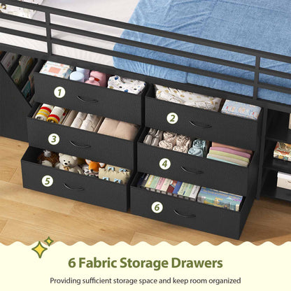 Kids Twin Loft Bed with Pull-Out Rolling Bookshelf & LED Light Black