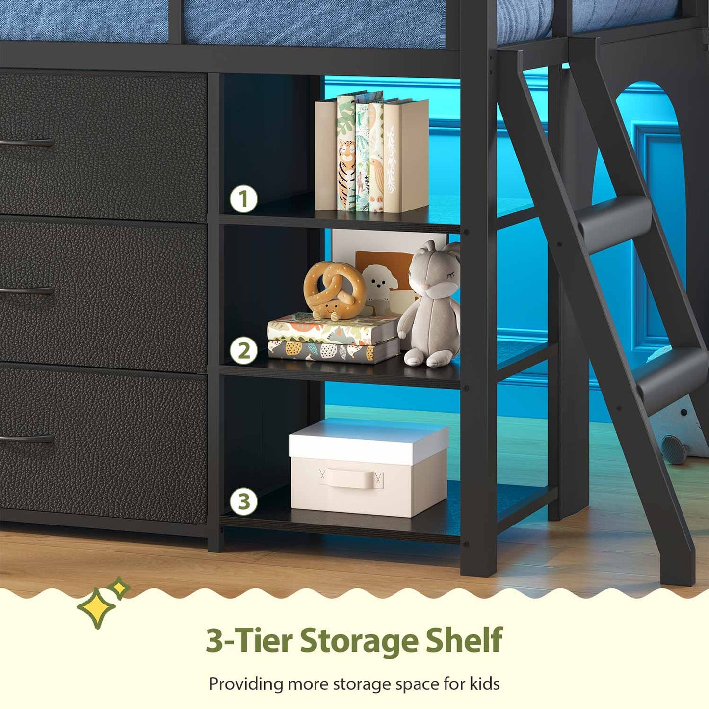 Kids Twin Loft Bed with Pull-Out Rolling Bookshelf & LED Light Black