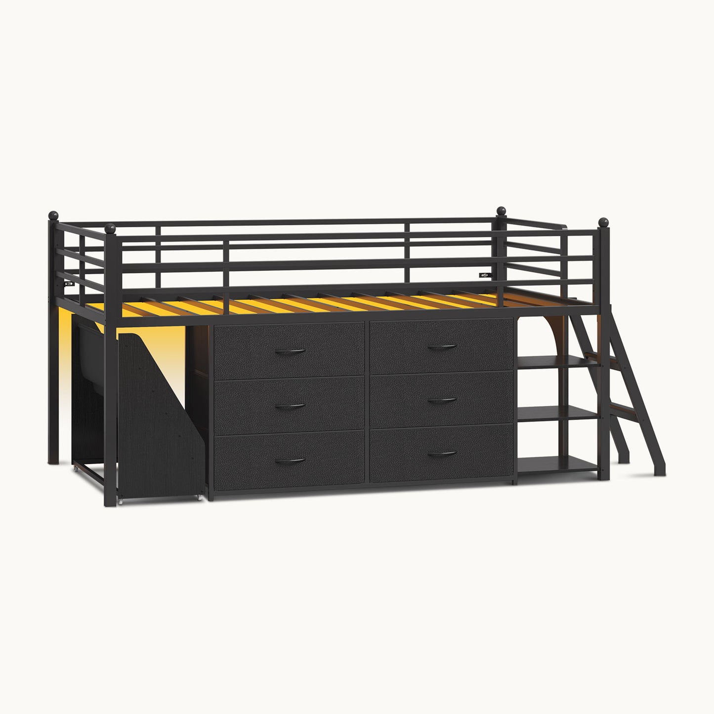 Kids Twin Loft Bed with Pull-Out Rolling Bookshelf & LED Light Black
