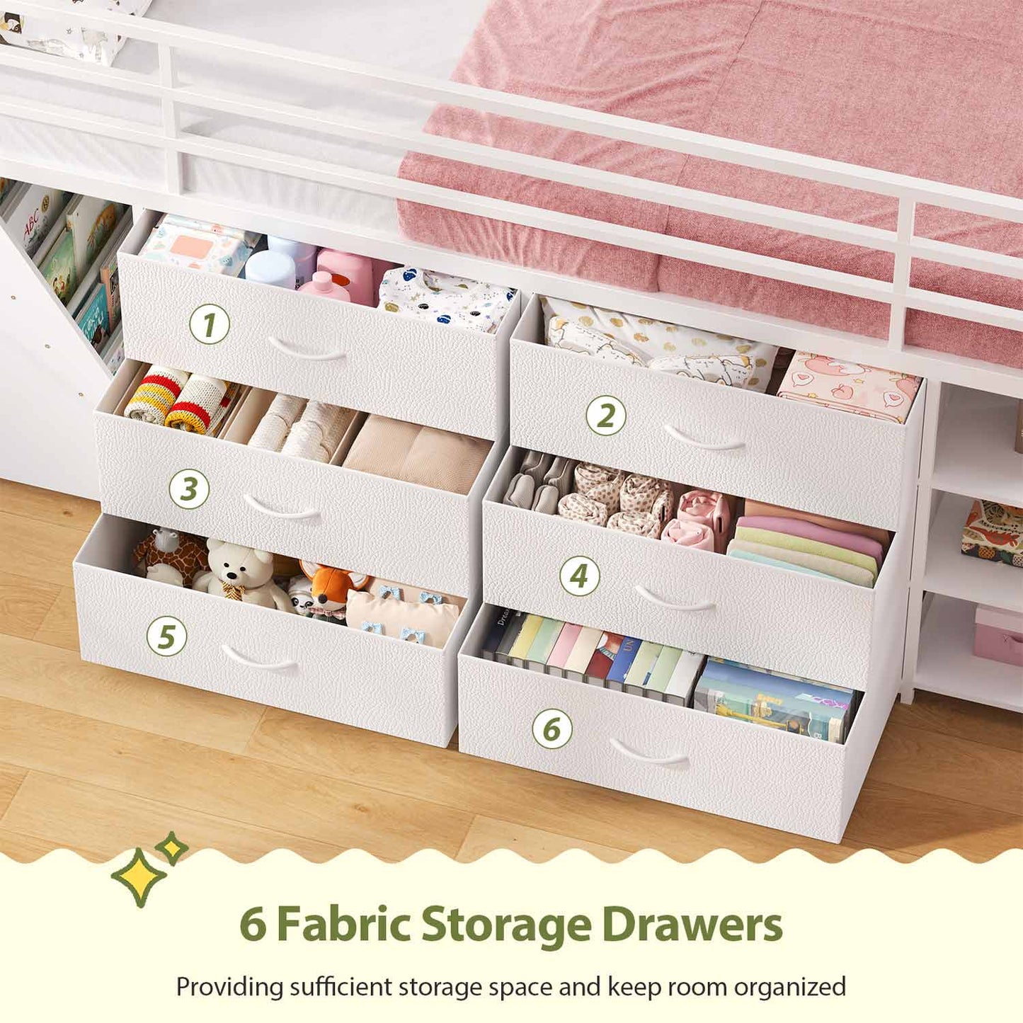 Kids Twin Loft Bed with Pull-Out Rolling Bookshelf & LED Light White