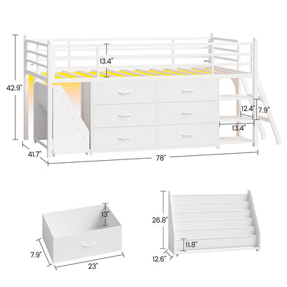 Kids Twin Loft Bed with Pull-Out Rolling Bookshelf & LED Light White