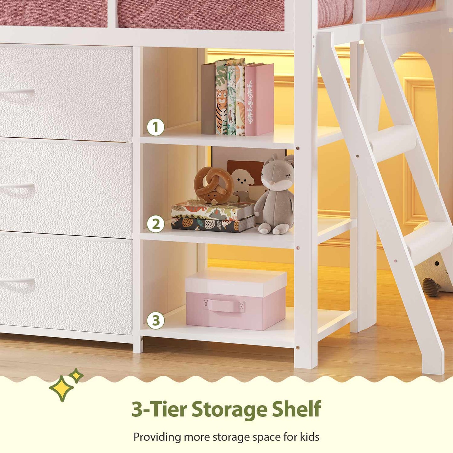 Kids Twin Loft Bed with Pull-Out Rolling Bookshelf & LED Light White