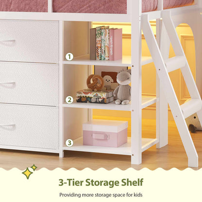 Kids Twin Loft Bed with Pull-Out Rolling Bookshelf & LED Light White