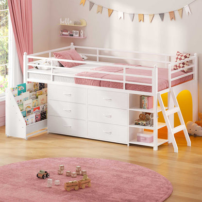 Kids Twin Loft Bed with Pull-Out Rolling Bookshelf & LED Light White