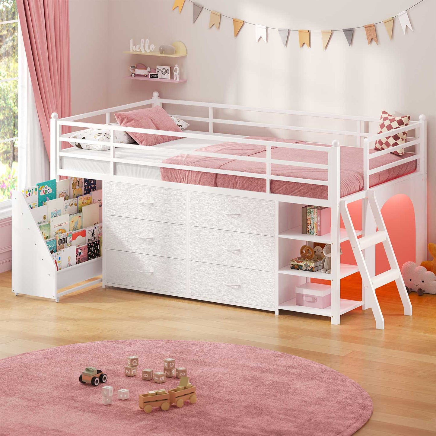 Kids Twin Loft Bed with Pull-Out Rolling Bookshelf & LED Light White