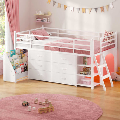 Kids Twin Loft Bed with Pull-Out Rolling Bookshelf & LED Light White
