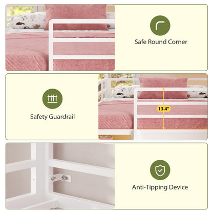 Kids Twin Loft Bed with Pull-Out Rolling Bookshelf & LED Light White