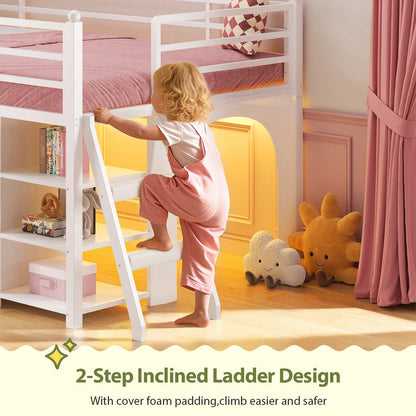 Kids Twin Loft Bed with Pull-Out Rolling Bookshelf & LED Light White