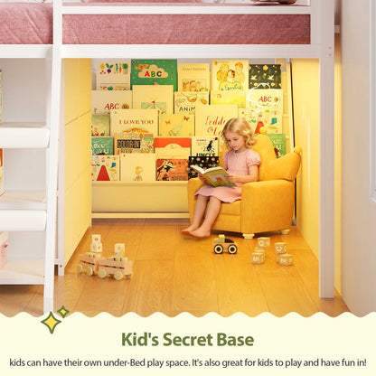 Kids Twin Loft Bed with Pull-Out Rolling Bookshelf & LED Light White