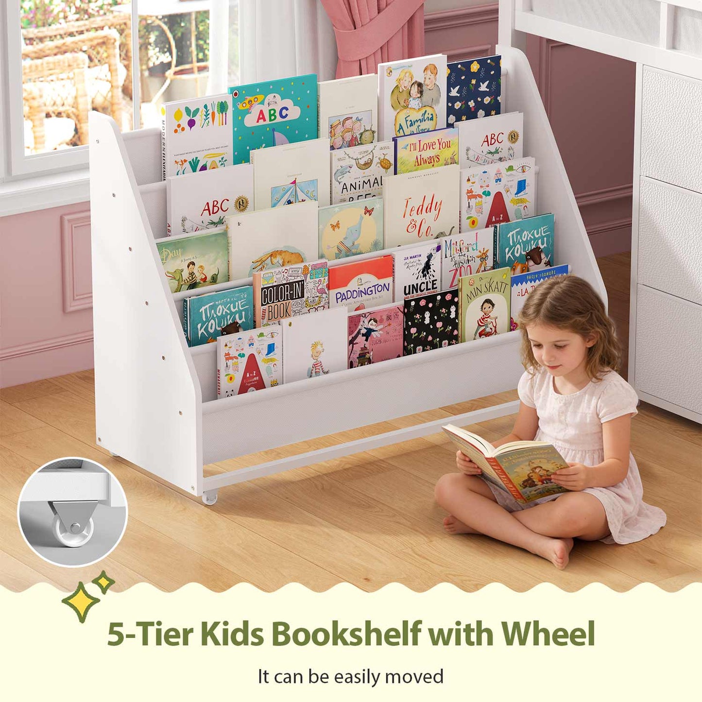 Kids Twin Loft Bed with Pull-Out Rolling Bookshelf & LED Light White