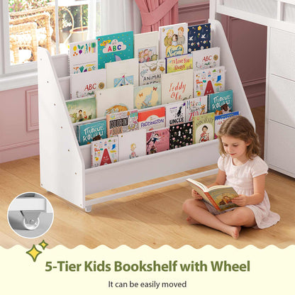 Kids Twin Loft Bed with Pull-Out Rolling Bookshelf & LED Light White