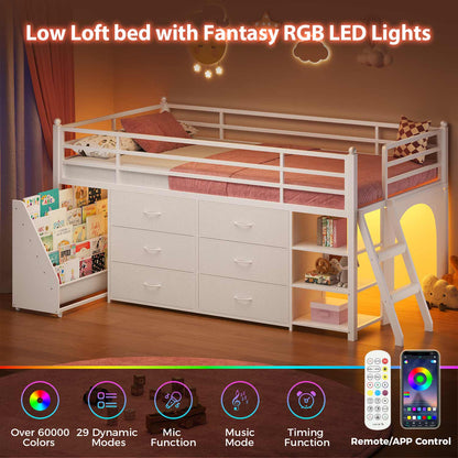 Kids Twin Loft Bed with Pull-Out Rolling Bookshelf & LED Light White