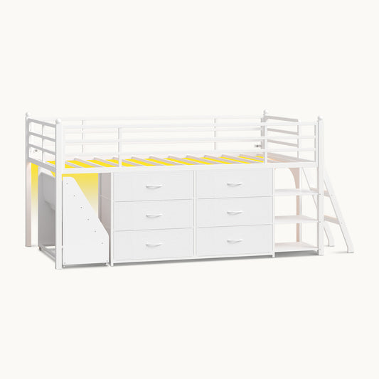 Kids Twin Loft Bed with Pull-Out Rolling Bookshelf & LED Light White