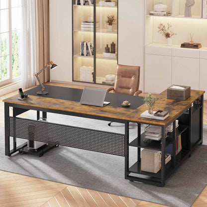 L-Shaped Executive Desk with Power Outlets & Storage Shelves Brown