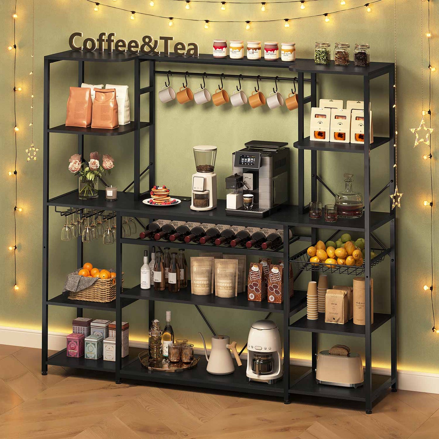 Large Bakers Rack with Power Outlet & Storage Shelves Black