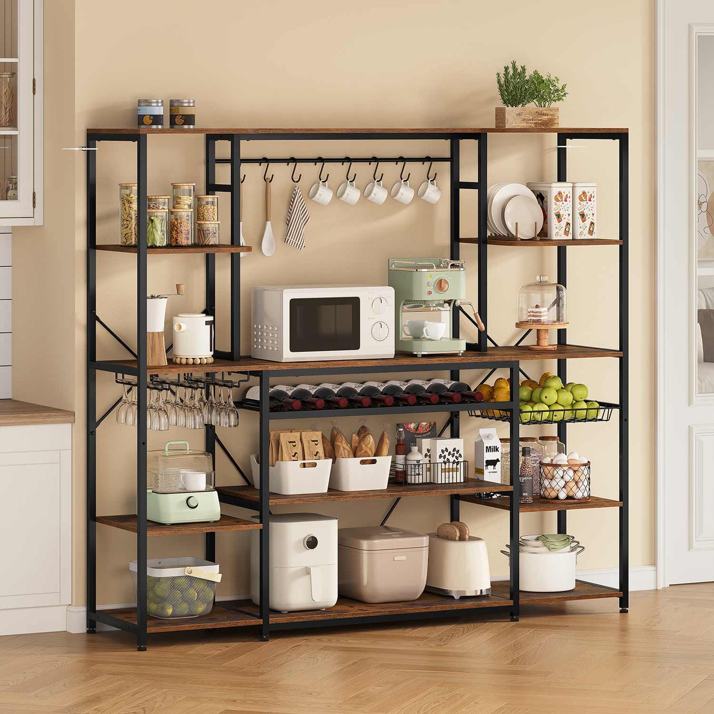Large Bakers Rack with Power Outlet & Storage Shelves Rustic Brown