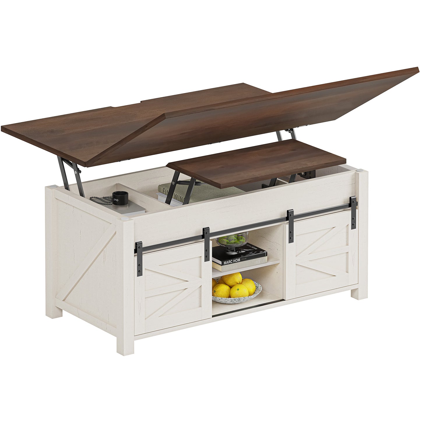 Lift Top Coffee Table with 4 Sliding Barn Doors Brown White