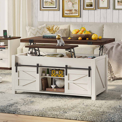 Lift Top Coffee Table with 4 Sliding Barn Doors Brown White