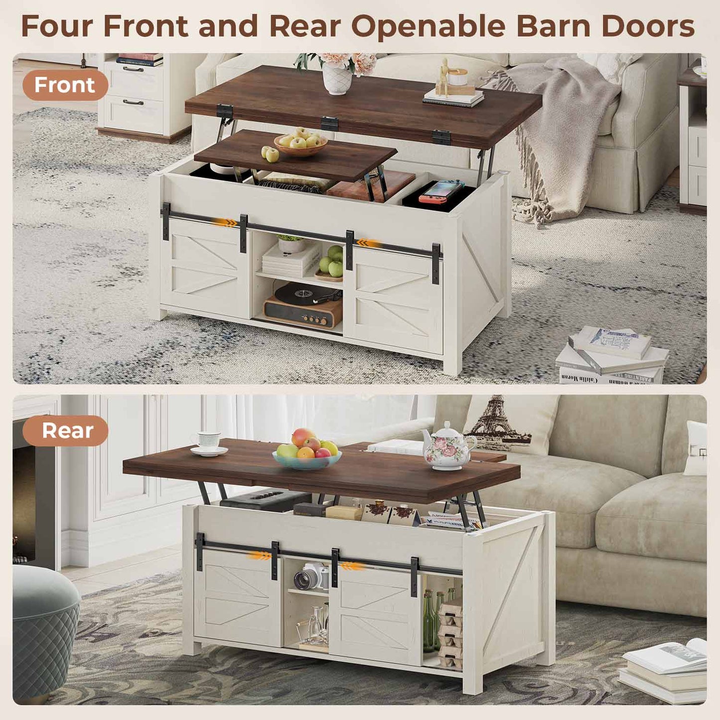 Lift Top Coffee Table with 4 Sliding Barn Doors Brown White