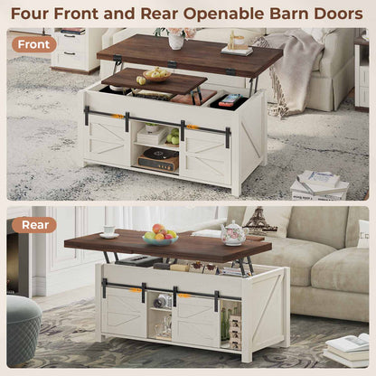 Lift Top Coffee Table with 4 Sliding Barn Doors Brown White