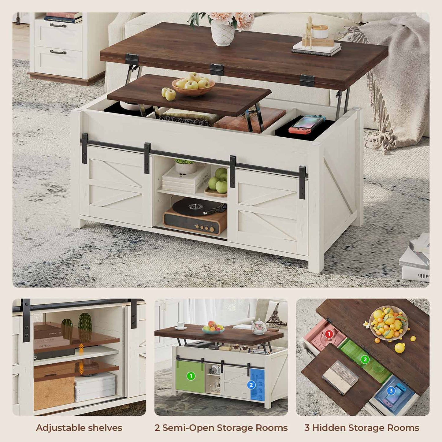 Lift Top Coffee Table with 4 Sliding Barn Doors Brown White