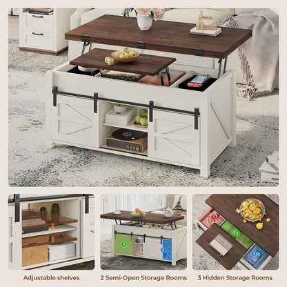 Lift Top Coffee Table with 4 Sliding Barn Doors Brown White