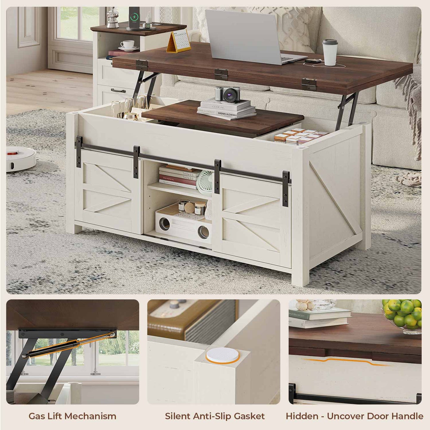 Lift Top Coffee Table with 4 Sliding Barn Doors Brown White
