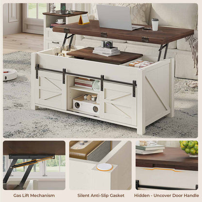 Lift Top Coffee Table with 4 Sliding Barn Doors Brown White