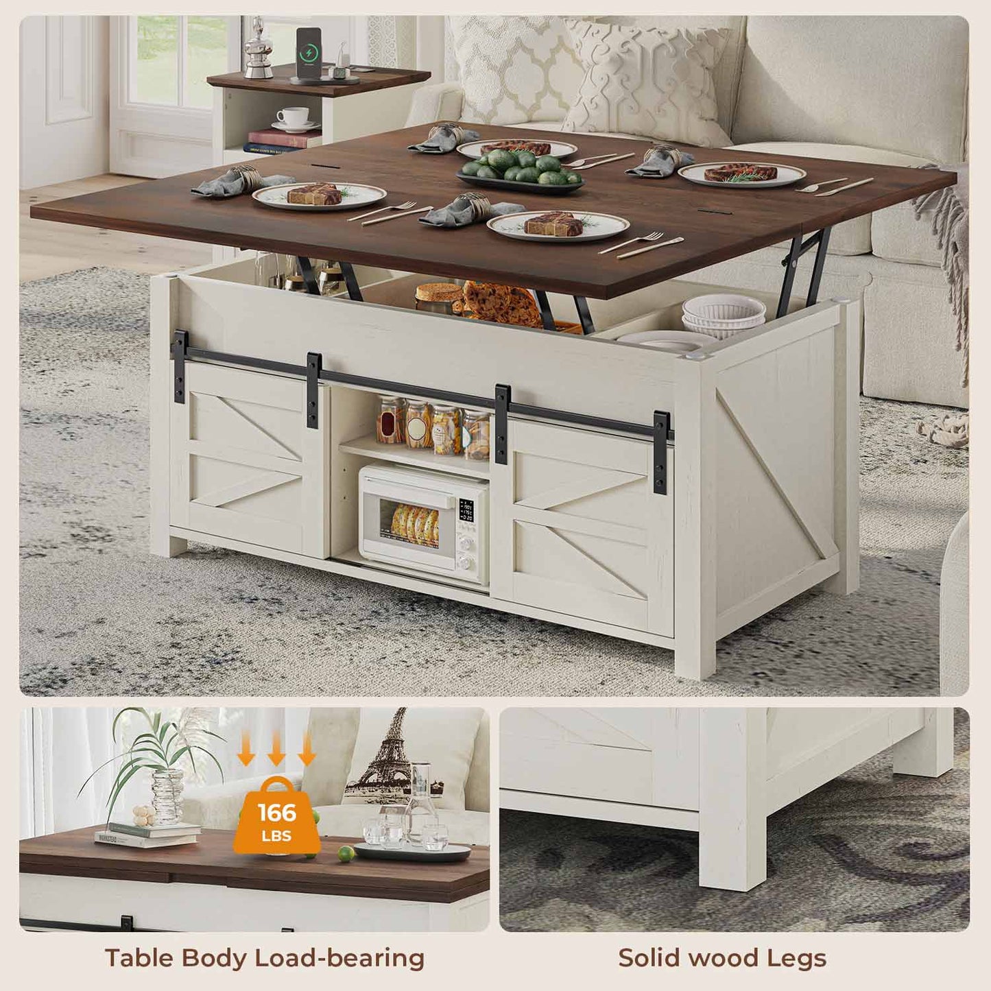 Lift Top Coffee Table with 4 Sliding Barn Doors Brown White