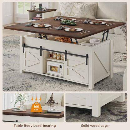 Lift Top Coffee Table with 4 Sliding Barn Doors Brown White