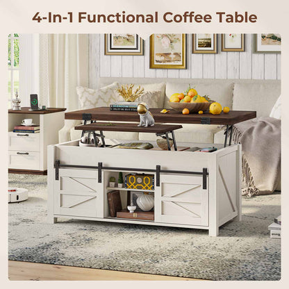 Lift Top Coffee Table with 4 Sliding Barn Doors Brown White