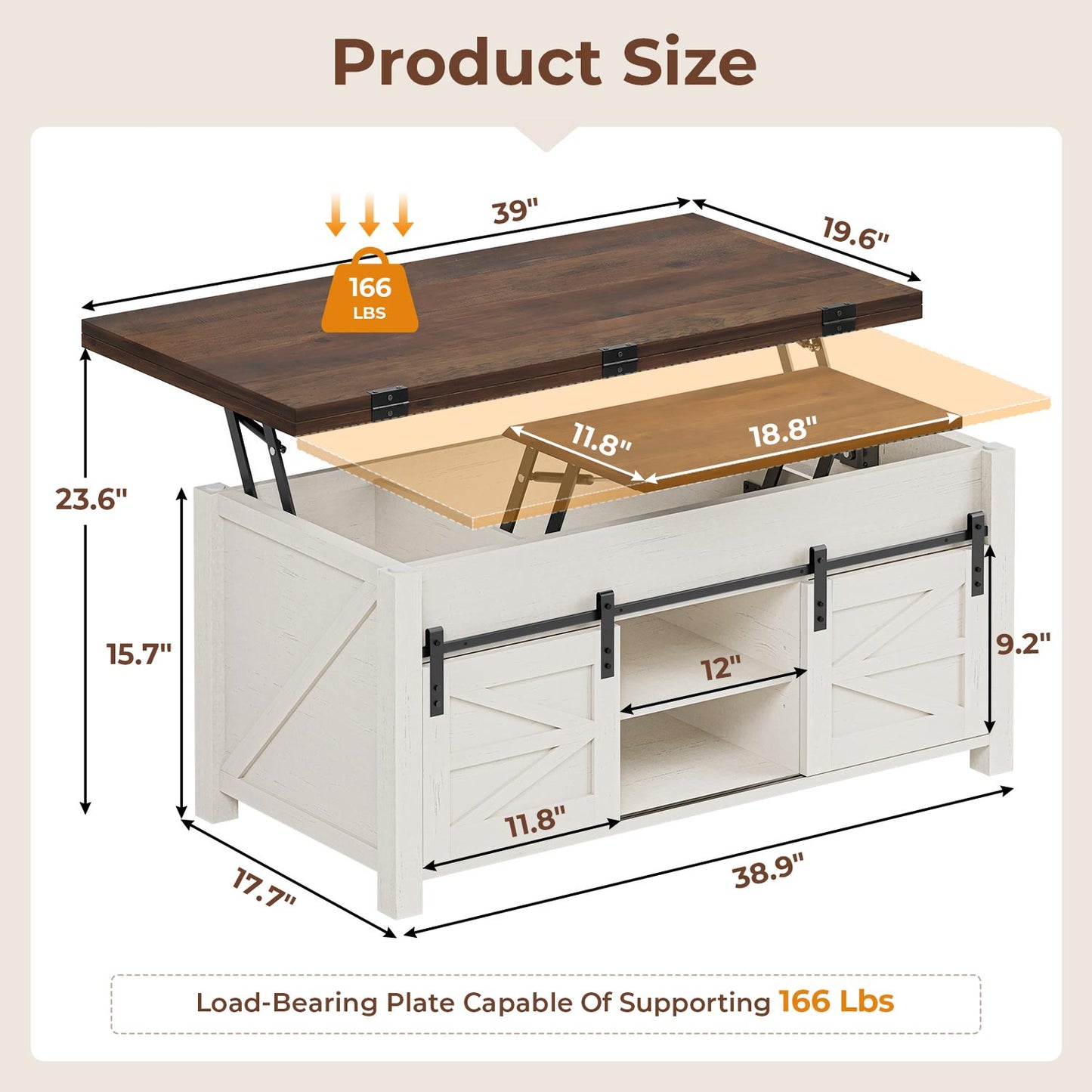 Lift Top Coffee Table with 4 Sliding Barn Doors Brown White