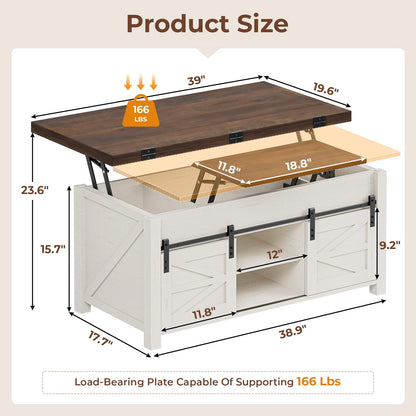 Lift Top Coffee Table with 4 Sliding Barn Doors Brown White