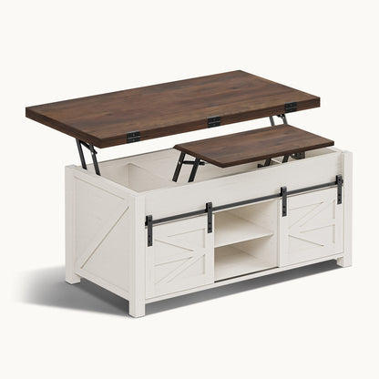 Lift Top Coffee Table with 4 Sliding Barn Doors Brown White