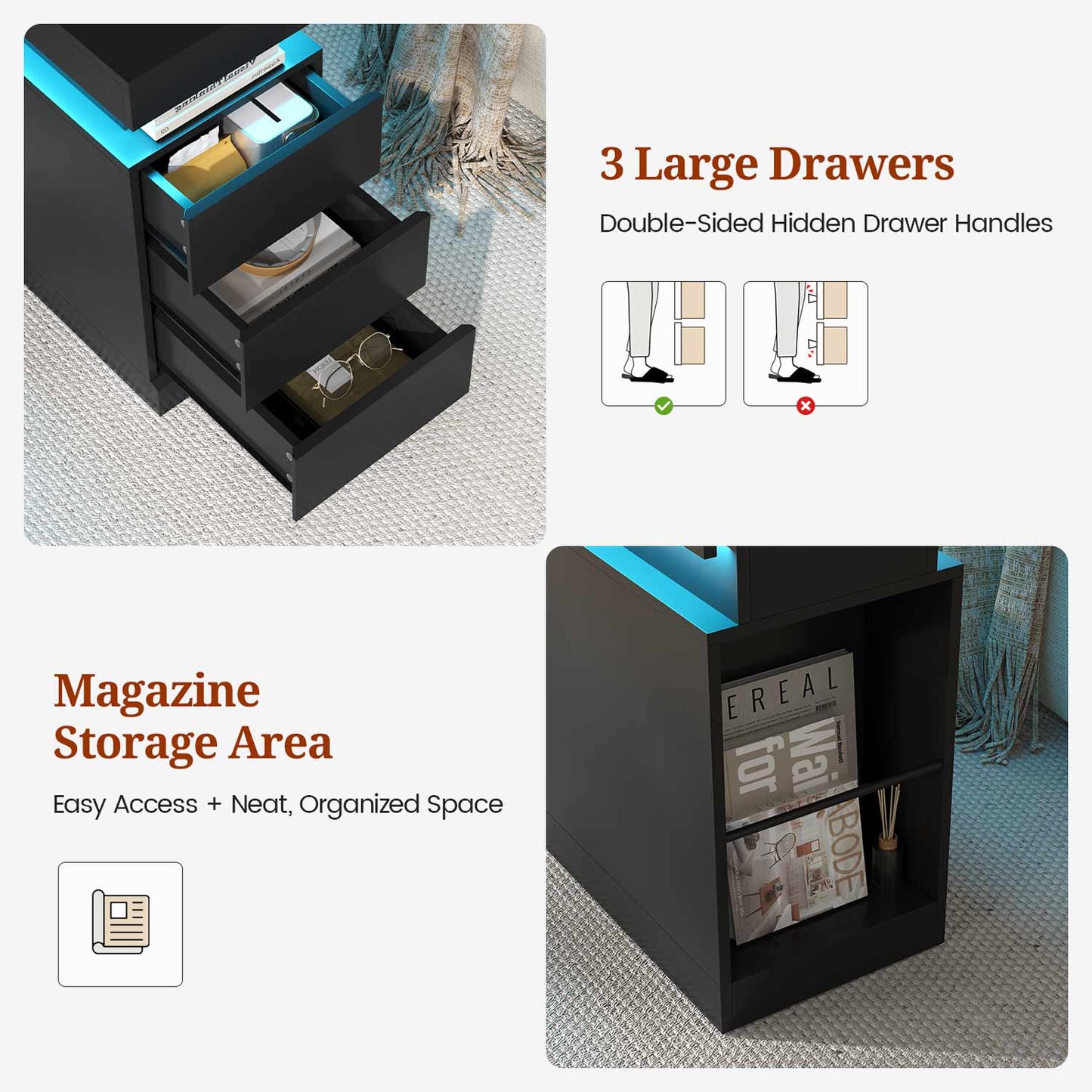 Narrow Nightstand with Charging Station Black