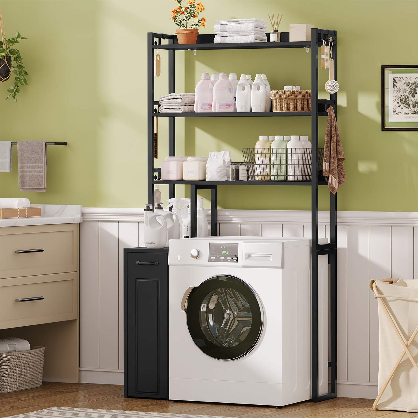 Over The Toilet Storage Cabinet with Pulley Drawer Black