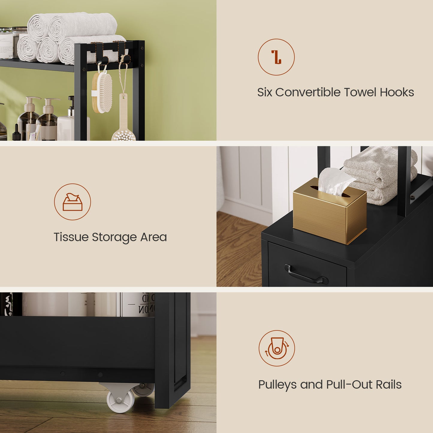 Over The Toilet Storage Cabinet with Pulley Drawer Black