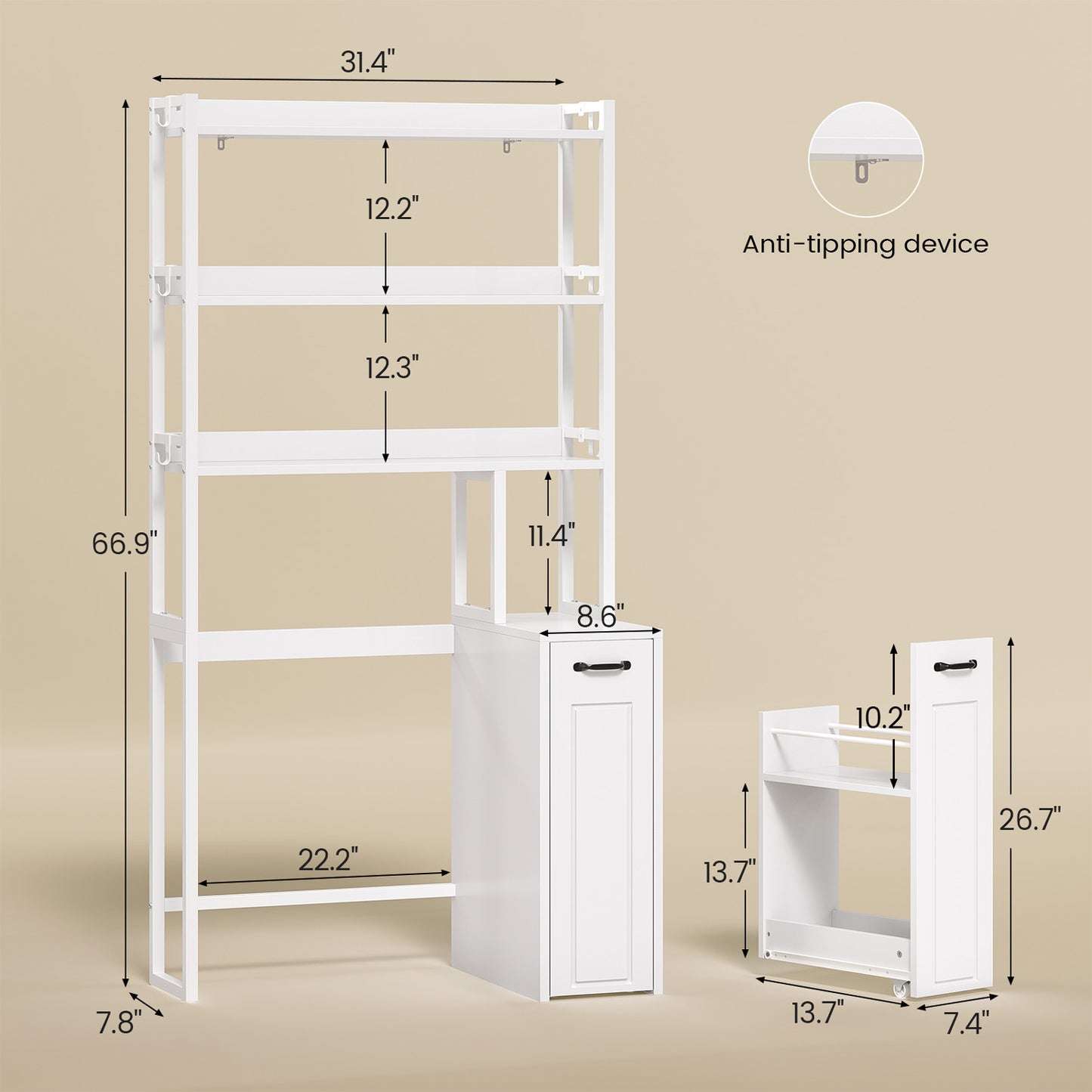 Over The Toilet Storage Cabinet with Pulley Drawer White