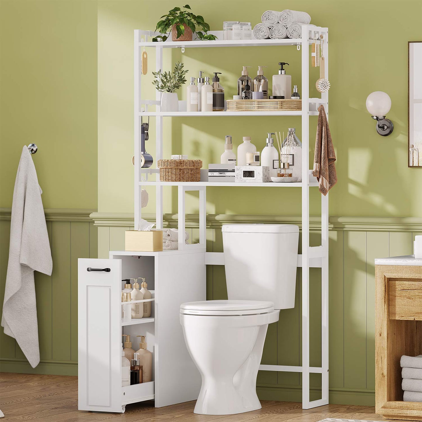 Over The Toilet Storage Cabinet with Pulley Drawer White