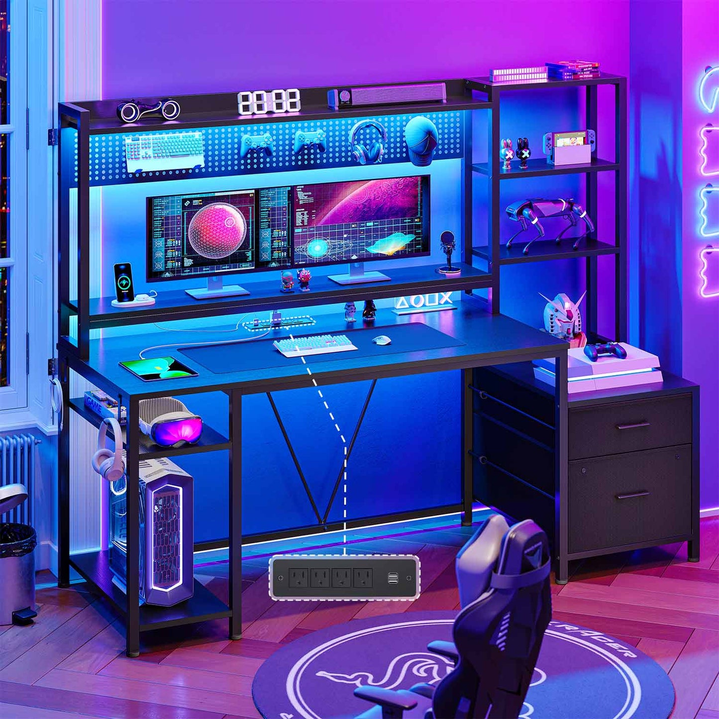 Reversible Computer Desk with Power Outlets & LED Light Black