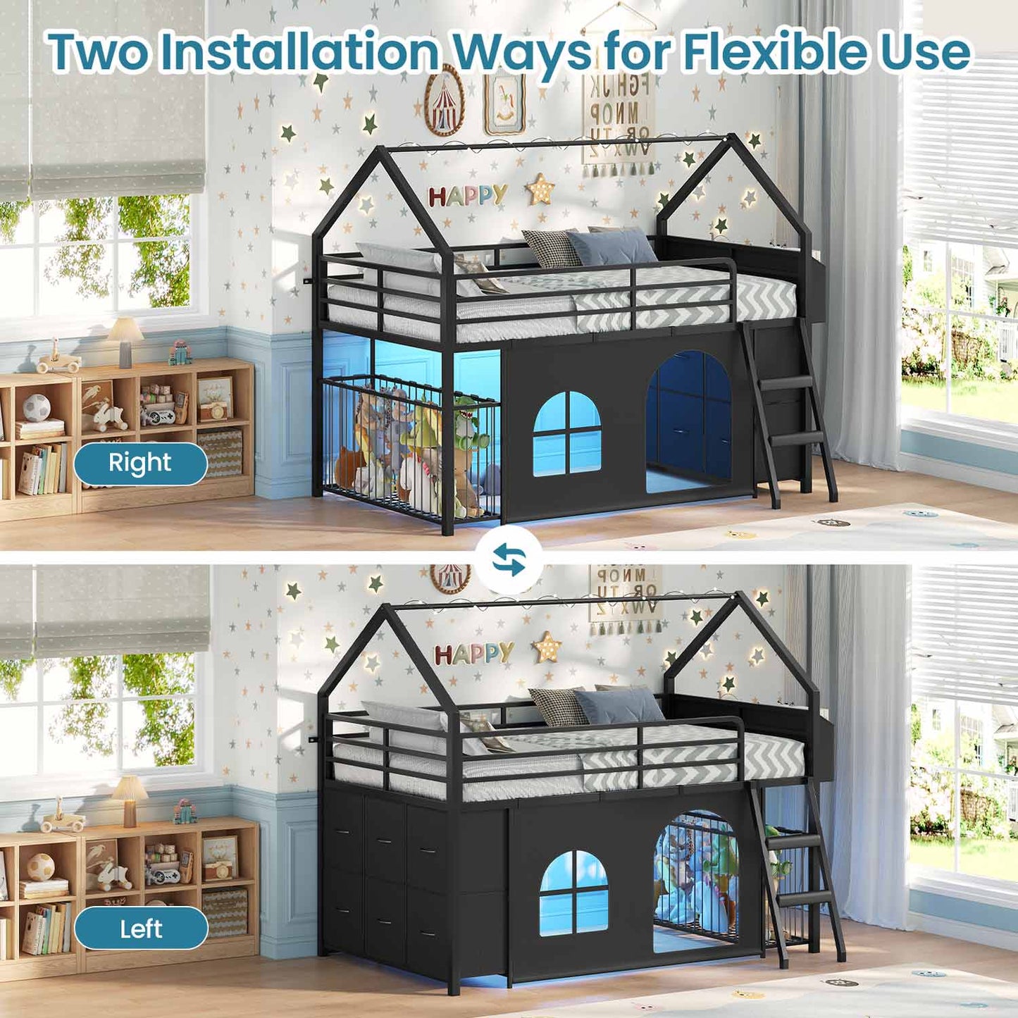 Twin Low Loft Bed with 6 Drawers Stuffed Animal Storage and LED Lights Black